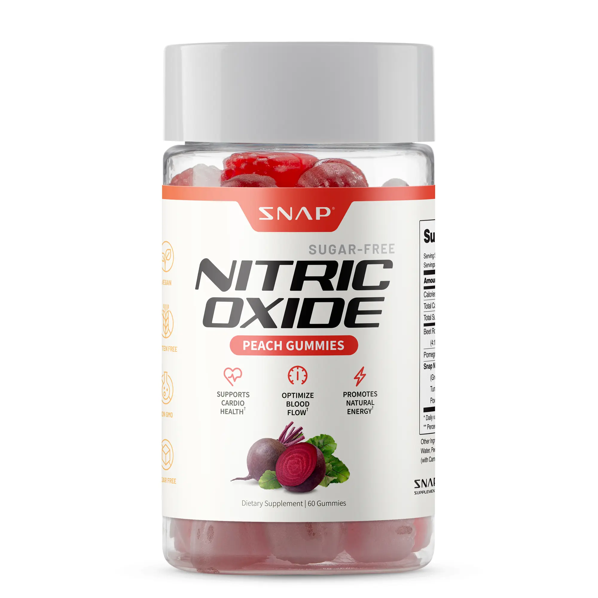 Snap Supplements - Sugar Free Nitric Oxide Beet Root Gummies - Peach Flavor - Heart Health - Energy Boost - Circulation - Nitric Oxide Booster - 3rd party tested Snap Supplements - Sugar Free Nitric Oxide Beet Root Gummies - Peach Flavor - Heart Health - Energy Boost - Circulation - Nitric Oxide Booster - 3rd party tested