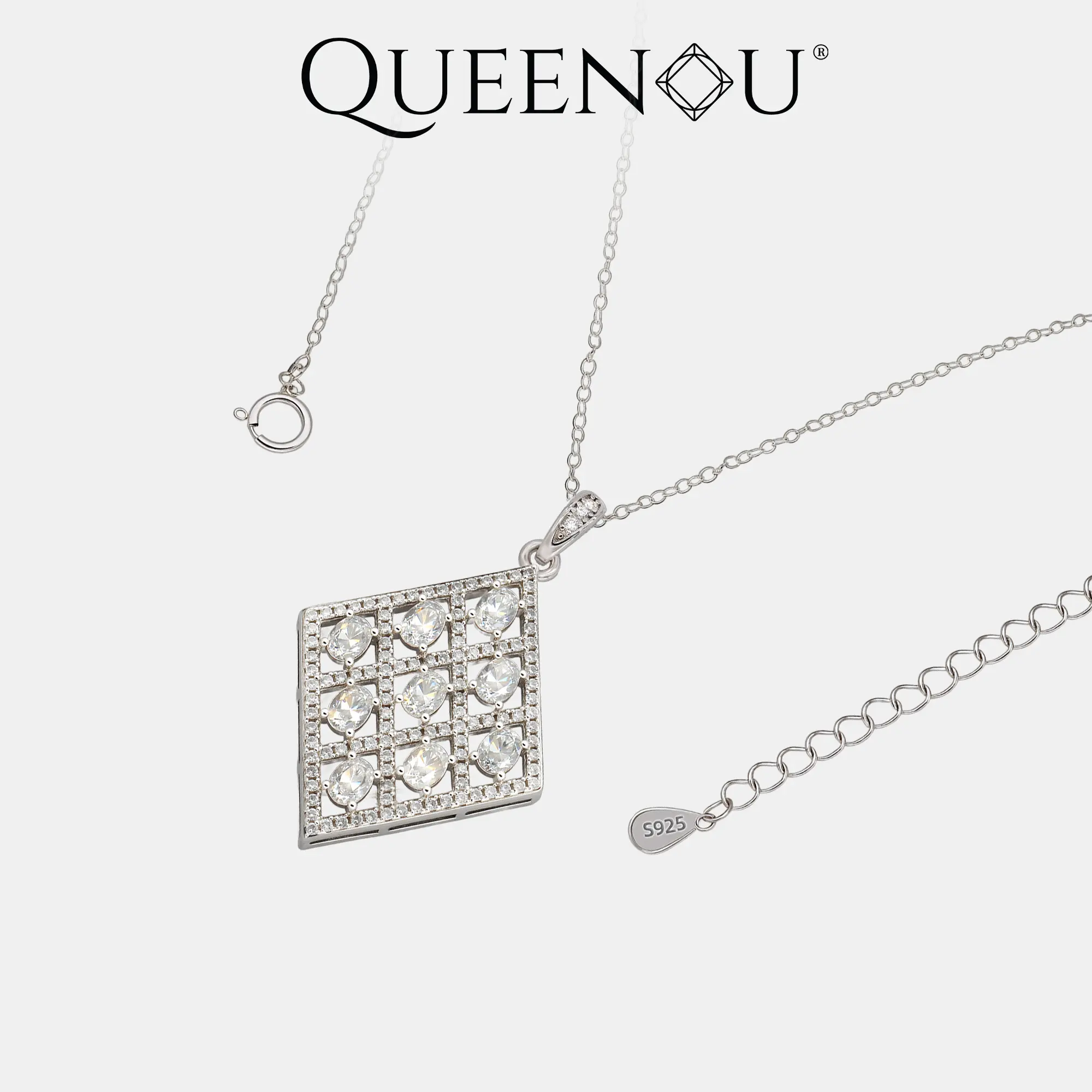 【948】Valentine's Flash Luxury Geometric Drop Necklace | 1.8CT Total (9x0.2CT) Oval Synthetic Moissanite Mosaic | Crushed Ice Zirconia Matrix | Color Select