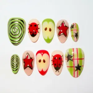 Fruit Press On Nails Apple Ladybug Star Y2K Design Playful Colorful Glossy Reusable Set