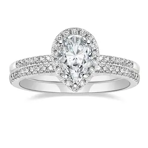 EAMTI 1.5CT 925 Sterling Silver Wedding Band Teardrop Bridal Rings Sets Halo Cubic Zirconia Solitaire Promise Engagement Rings for Women
