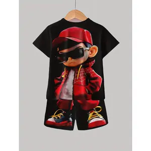 Summer Essentials, Boys' Casual 3D Printed T-Shirt & Shorts Set - Vibrant Cartoon Character Design, Comfortable Polyester, Machine Washable, Perfect for Summer Outdoor Play, Perfect for Outdoor