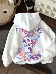 Women's Halloween Skull Gradient Knit Hoodie, Fall Winter Loose-Fit Kangaroo Pocket Sweatshirt, Casual Everyday Warm Pullover for Youth