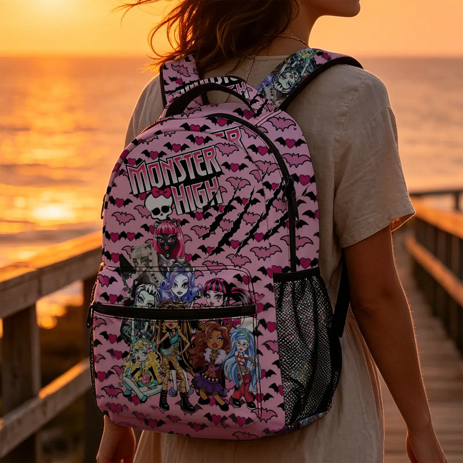 Monster High Pink Character Printed Backpack with Bat Pattern Large Capacity School Bag for Girls