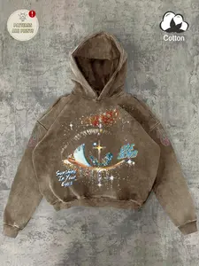 Unisex design, American retro, Vintage street style, featuring a drop-shoulder hoodie with letter and eye motif prints, perfect for spring and autumn, stylish, trendy, athletic, streetwear, hip-hop, fitness, outdoor activities, campus life, hip-hop, r