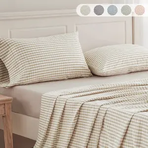 3/4 Pieces Sheet Set 100% Washed Cotton Gingham Bed Sheets  Linen Like Textured Breathable Durable Soft Comfy - 15" Deep Pocket  Stylish Home Decoration, Bed Sheets Set  Pocket  Cute Aesthetic  Fitted Flat Sheet Pillowcases