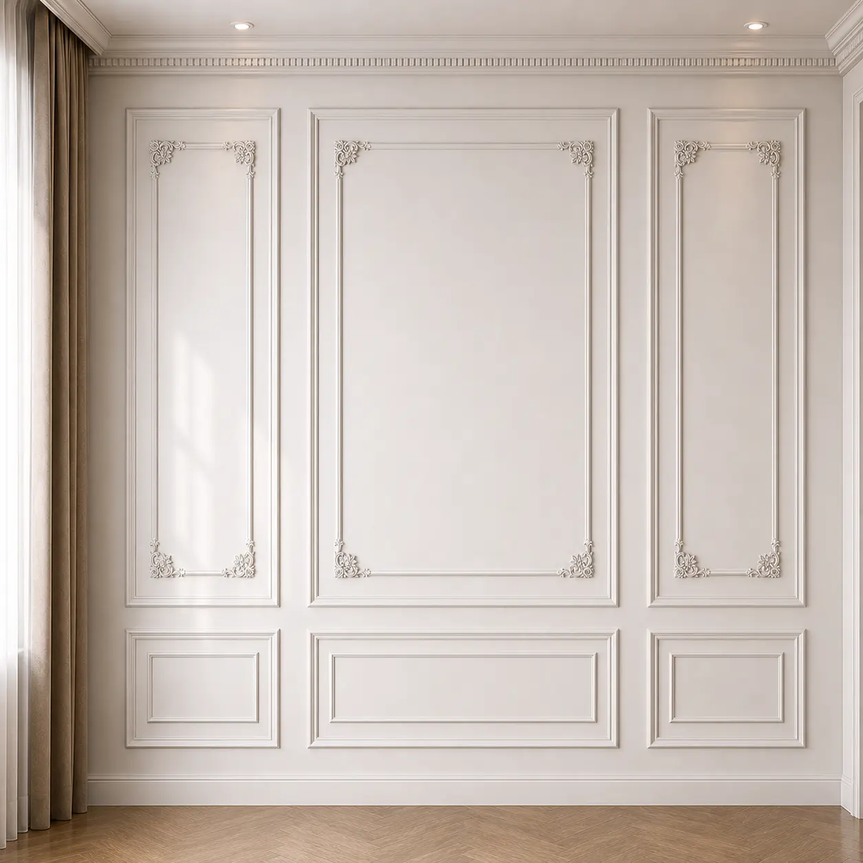 Pre-Cut Decorative Wall Panel Kit - DIY Wainscoting Interior Moulding Trim for Living Room Decor, Bathroom Decor Ideas, wall decor 3 Top, 3 Bottom wall decor Available in various styles; options include an inner frame and corner accents.