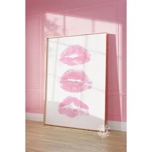Kiss Lips Wall Art Print , Pink Kisses Print, Trendy Printable Poster, Girly Print, Coquette Decor, Apartment Aesthetic