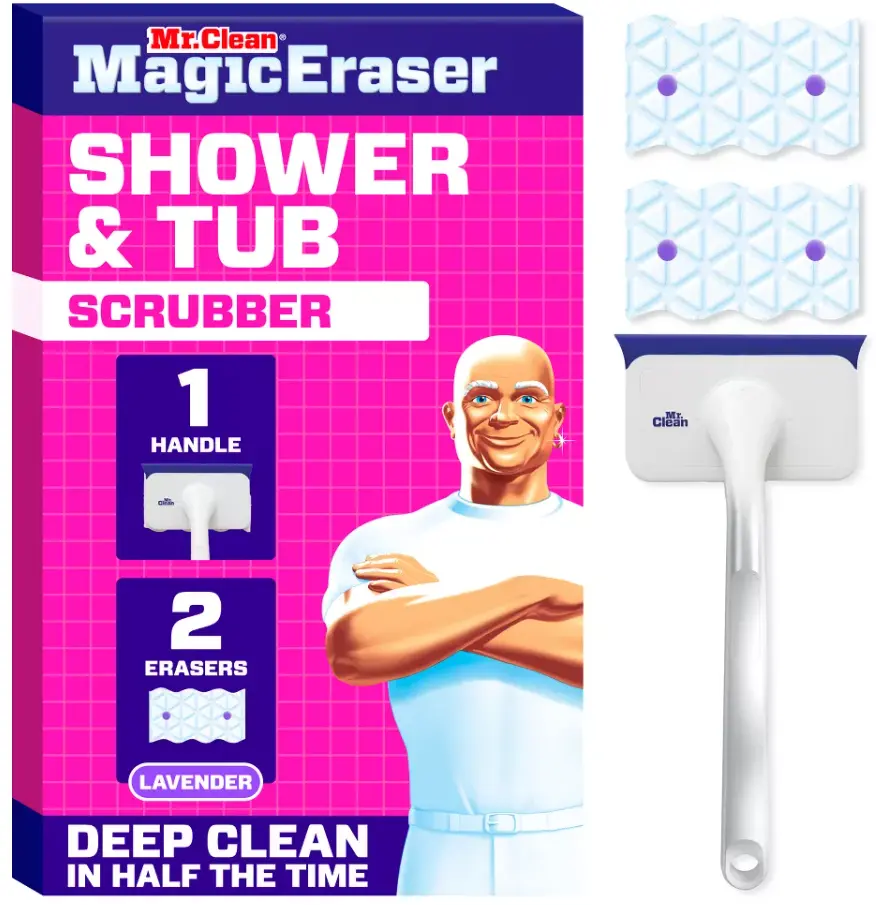 Magic Eraser Shower & Tub Scrubber Lavender Starter Kit, 1 Handheld Scrubber with 2 Foam Magic Eraser Refill Pads