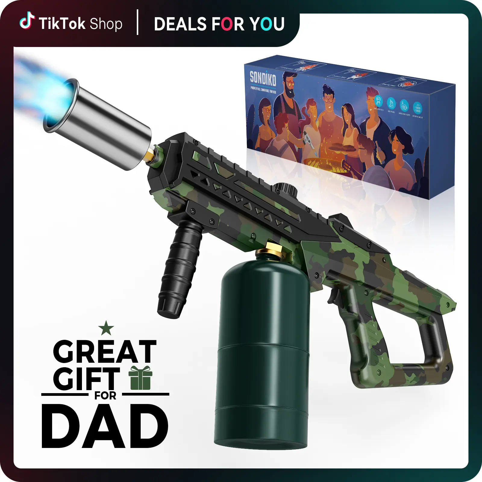 【HomeEssentials】Food Culinary Torch, Camouflage Handheld Propane Torch with Multi-Function Nozzle, 1800°C Sear Heat, Safe Heat Shield, Adjustable for BBQ, Camping (Reaches 1800°C for Intense Tasks, Propane Tank Not Included)