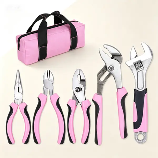 Adjustable Wrench and Pliers Kit 5-Piece Pink Tool Set with Storage Bag, Groove Joint Pliers, Diagonal Cutter, Long Nose Pliers, Slip Joint Pliers and 8-Inch Wrench, Multipurpose Hand Tool Set for DIY and Repair Tasks