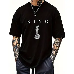 Men's 180GSM Cotton T-Shirt with 'The King' Chess Graphic Print, Casual Comfy Fit Short Sleeve Round Neck Top for Menswear