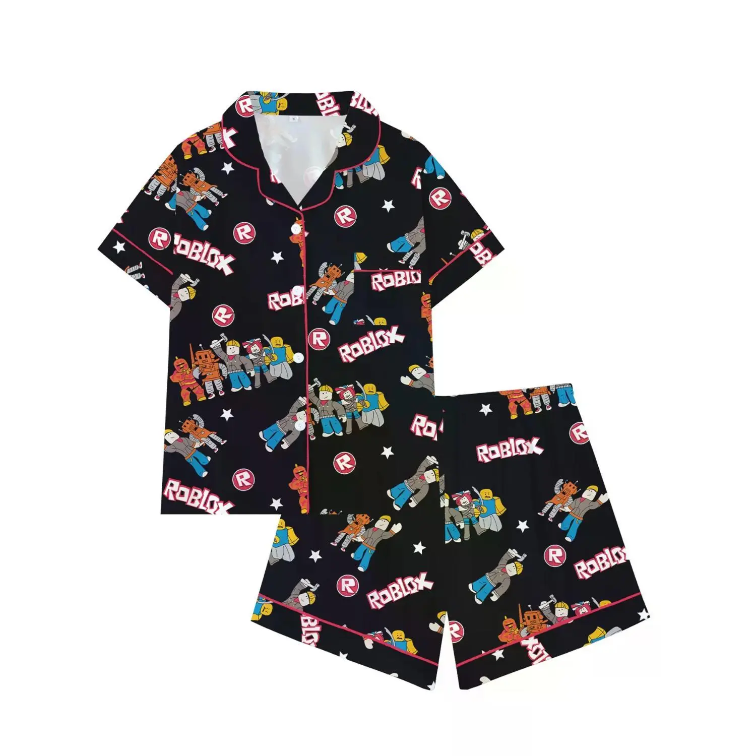 Teen Boys' Roblox Short Sleeve Pajama Set with Turn-Down Collar, Fun Game Cartoon Print Sleepwear for All Seasons