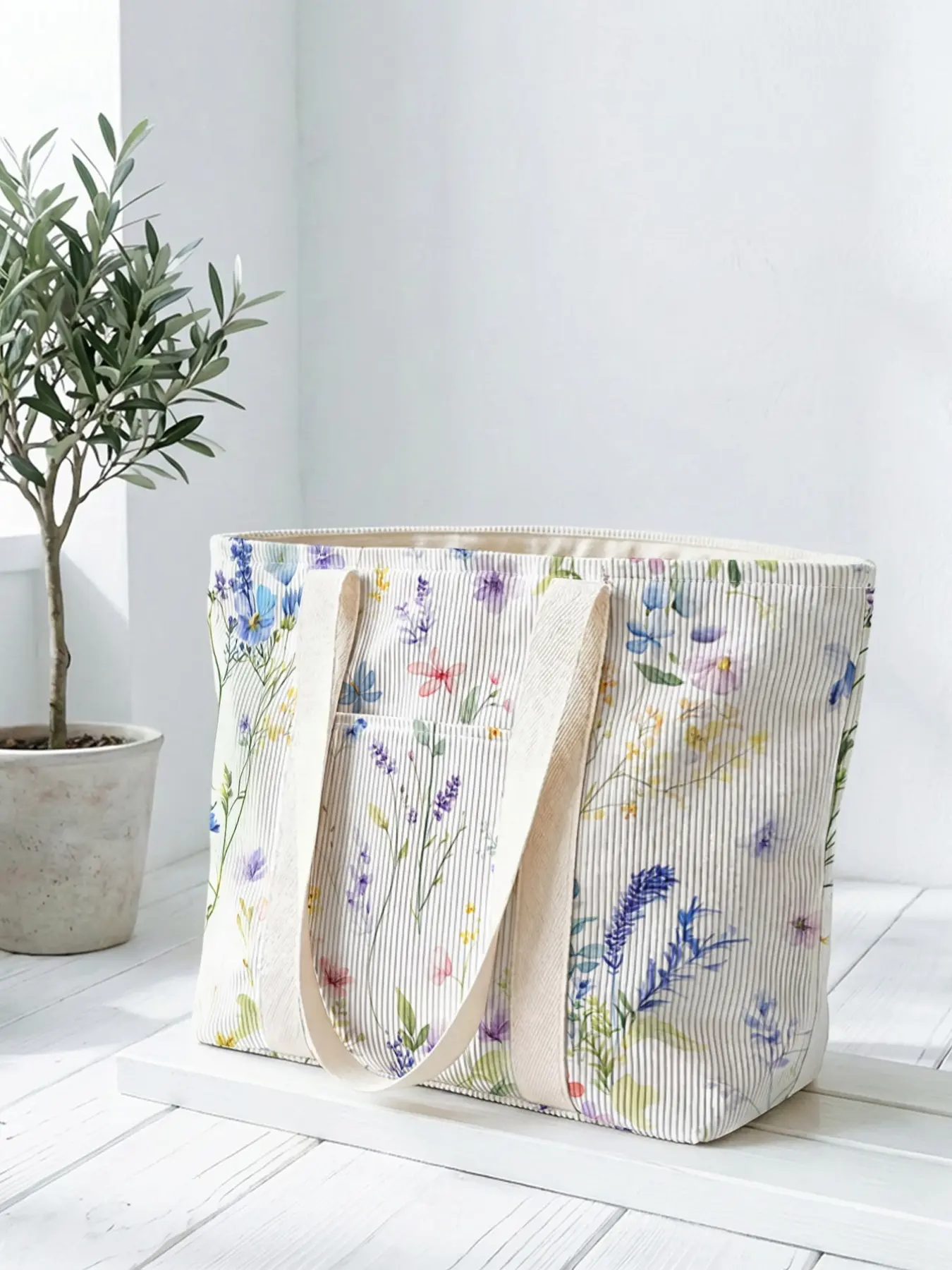 1 watercolor floral pattern 2D print tote bag, large capacity space|commuting/shopping/working all-purpose|carry the gentleness and faith of Easter in your hands, Easter, Flower Bags