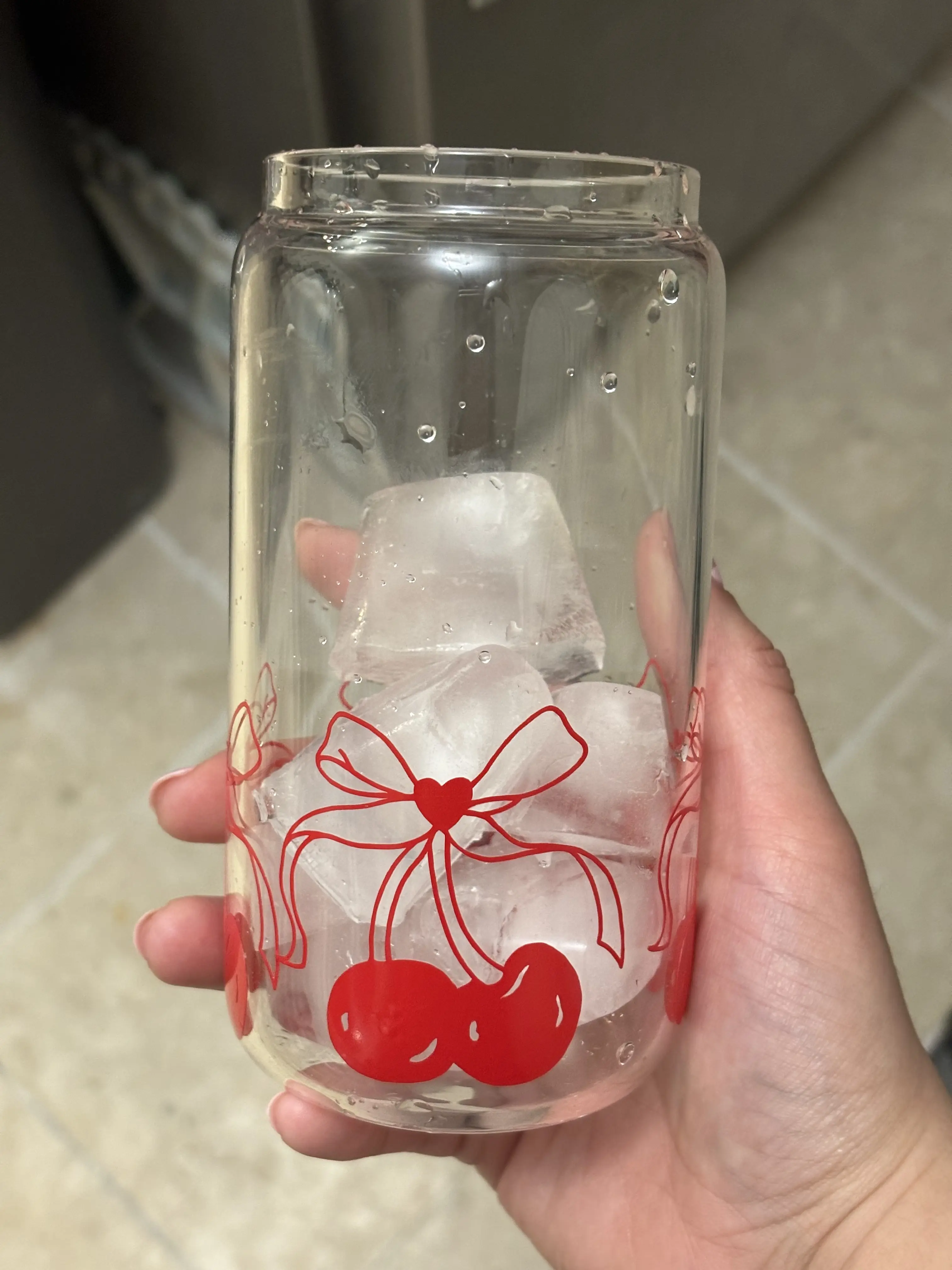 16 oz CHERRY Glass Cup for Iced Beverages with Matching Lid and Straw