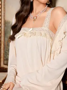 Palaceninghts Vintage Lace Halter Sleepwear Loungewear Set, Bow Tie Design Long Sleeve Robe Two-Piece Camisole, Chic Elegant Nightwear for Women Womenswear