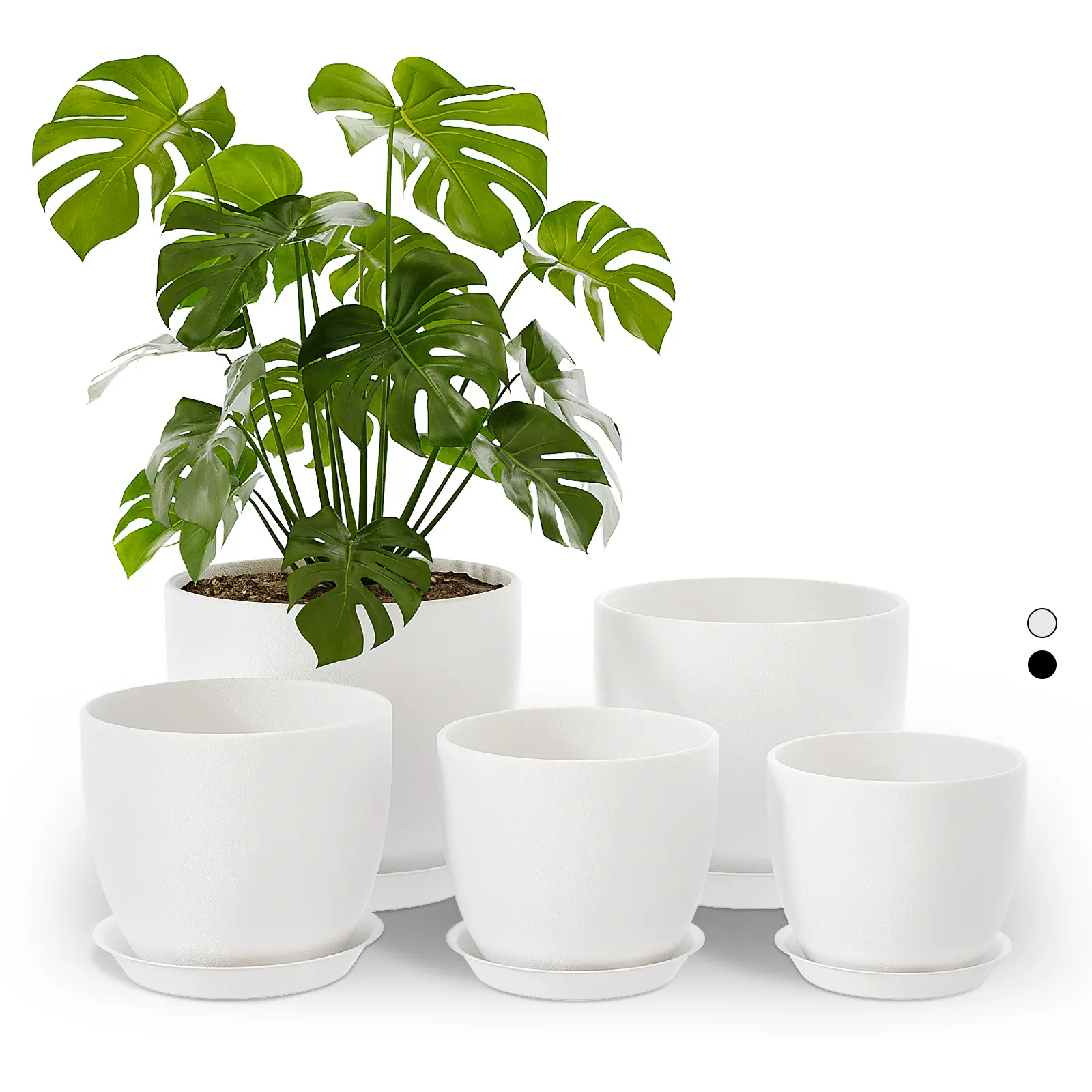 Bamworld Modern Opaque Plastic Plant Pots - 5-Piece White Assorted Above-Ground Flower Pots Set (4.4-7in/11.2-17.8cm), Botanical Aesthetic Mini Planting Containers with Drainage for Succulent/Cactus Fit, Container Gardening Indoor Use