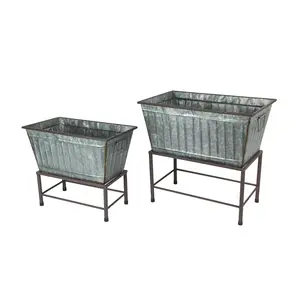 Galvanized Grey Metal Planters on Stands - Western Themes - Large: 20 Inches, Small: 17 Inches Long - Garden Decor
