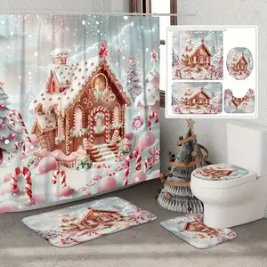 1/4pcs Christmas decoration cute style cottage and candy cane design shower curtain set, Waterproof bathroom curtain, festive design, non-slip floor mat, U-shaped carpet, toilet lid cover, perfect for bathroom decoration, 12 shower curtain hooks included