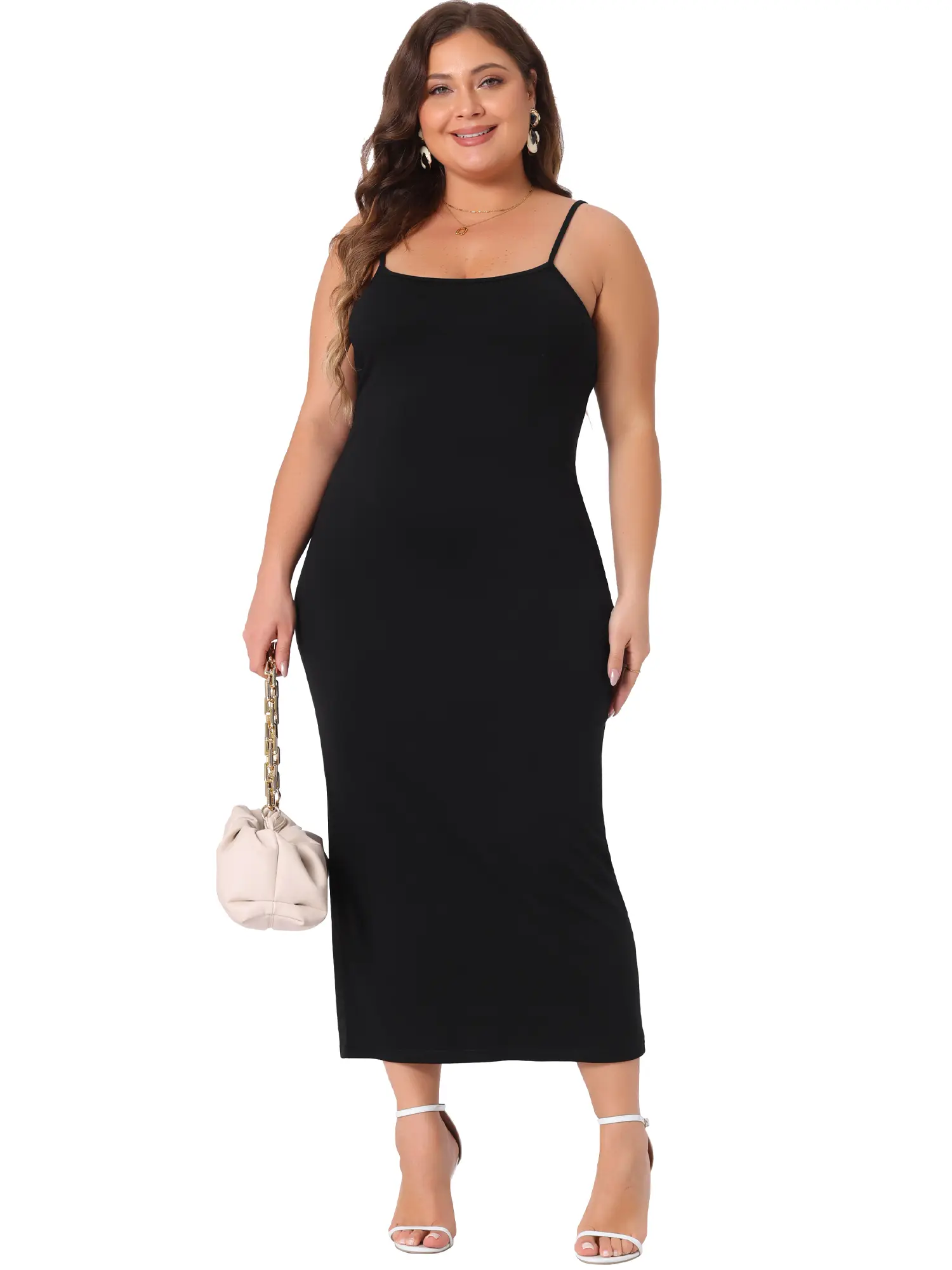 Agnes Orinda Plus Size Cami Dress Women's Sleeveless Spaghetti Strap Summer Maxi Long Dresses Black