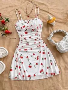 Women's Vintage Maple Leaf Print Spaghetti Strap Pleated Mini Dress, Stylish Retro Design, Perfect for Casual, Unique Fashion Statement