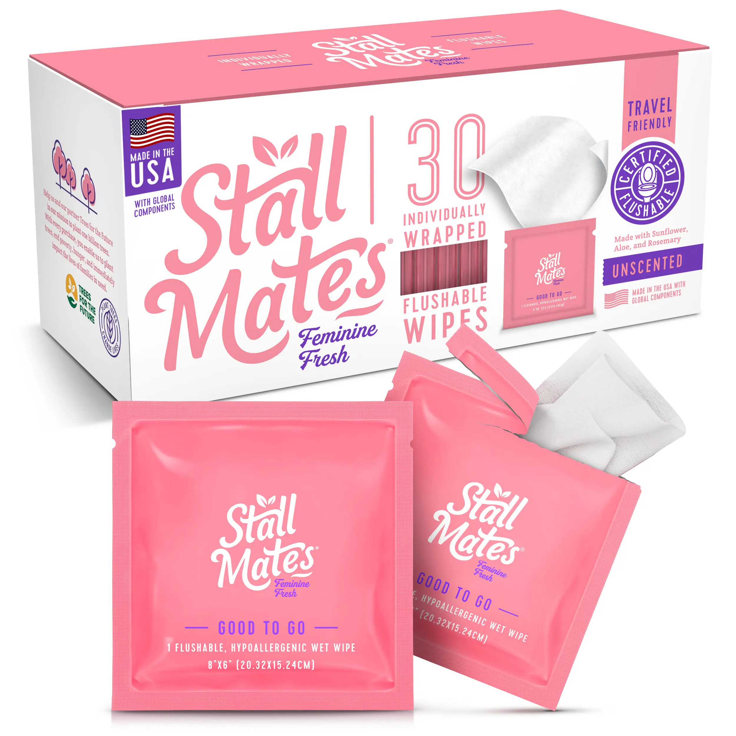 Feminine Fresh: 30 on-the-go - Flushable Wipes (PH-Balanced), Individually Wrapped with Rosemary Sunflower & Aloe Vera, Great for Gym, Purse, Travel, Outdoors, Camping, Events. Concerts & Sensitive Skin Unscented Pack