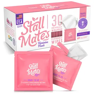 Stall Mates Feminine Fresh: 30 on-the-go flushable wipe singles (PH-Balanced), Individually Wrapped with Rosemary Sunflower & Aloe Vera, Great for Gym, Purse, Travel, Outdoors, Camping, Events. Concerts & Sensitive Skin
