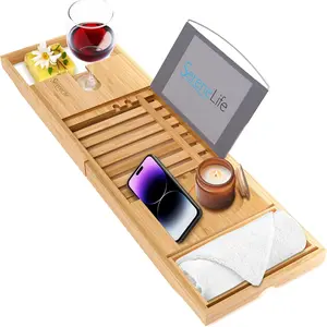 Serenelife Luxury Bamboo Bathtub Caddy Tray - Adjustable Natural Wood Bath Tub Organizer with Wine Holder, Cup Placement, Soap Dish, Book Space & Phone Slot for Spa, Bathroom & Shower - SLBCAD20 Sound Around Sound Around