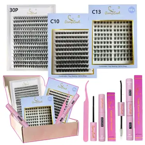 3 boxes Natural Cluster D Curl Eyelash Kit with Bond Seal Remover Applicator lash brushes,30P Natural individual cluster lash extension,,perfect for home lash diy eyelash extension for everyday use and make up