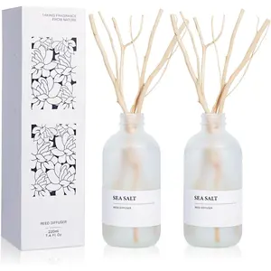 Sea Salt Reed Diffuser Set of 2-14.8 oz(220mlx2) Sea Salt Musk and Grass Essential Oils, Bathroom Air Freshener with Willow Branches Decor, Long Lasting  for , Office