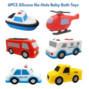 6PCS Silicone No-Hole Baby Bath Toys – Mold-Free Floating Cars, Soft Squeezable Bathtub Toys for Toddlers 1-4, Water-Safe Easter Gift for Kids