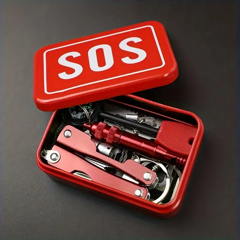 6pcs/ Set Outdoor Survival Gear Set With SOS Box - Red Emergency Kit, Compact Wilderness Survival Tool Kit With Multi-Tool, Whistle, Compass, Fire Starter & Paracord - Durable & Portable For Camping, Hiking, Backpacking, Hunting - All-in-One