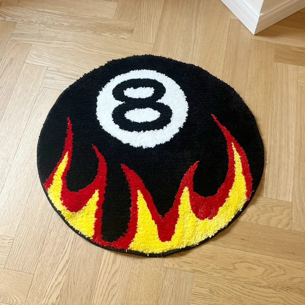 60x60cm Flaming 8-Ball Pattern Fluffy Tufted Floor Mat - Absorbent Non-Slip Flocked Rug, Machine-Washable Home Accent for Game Room, Doorway, Bedroom, Home Office, Rugs for Bedroom