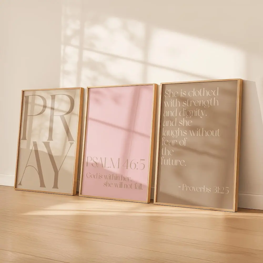 Neutral Pink Christian Wall Art Set of 3 Prints | Bible Verse Printable Bundle | Minimalist Scripture Posters | Modern Religious Decor