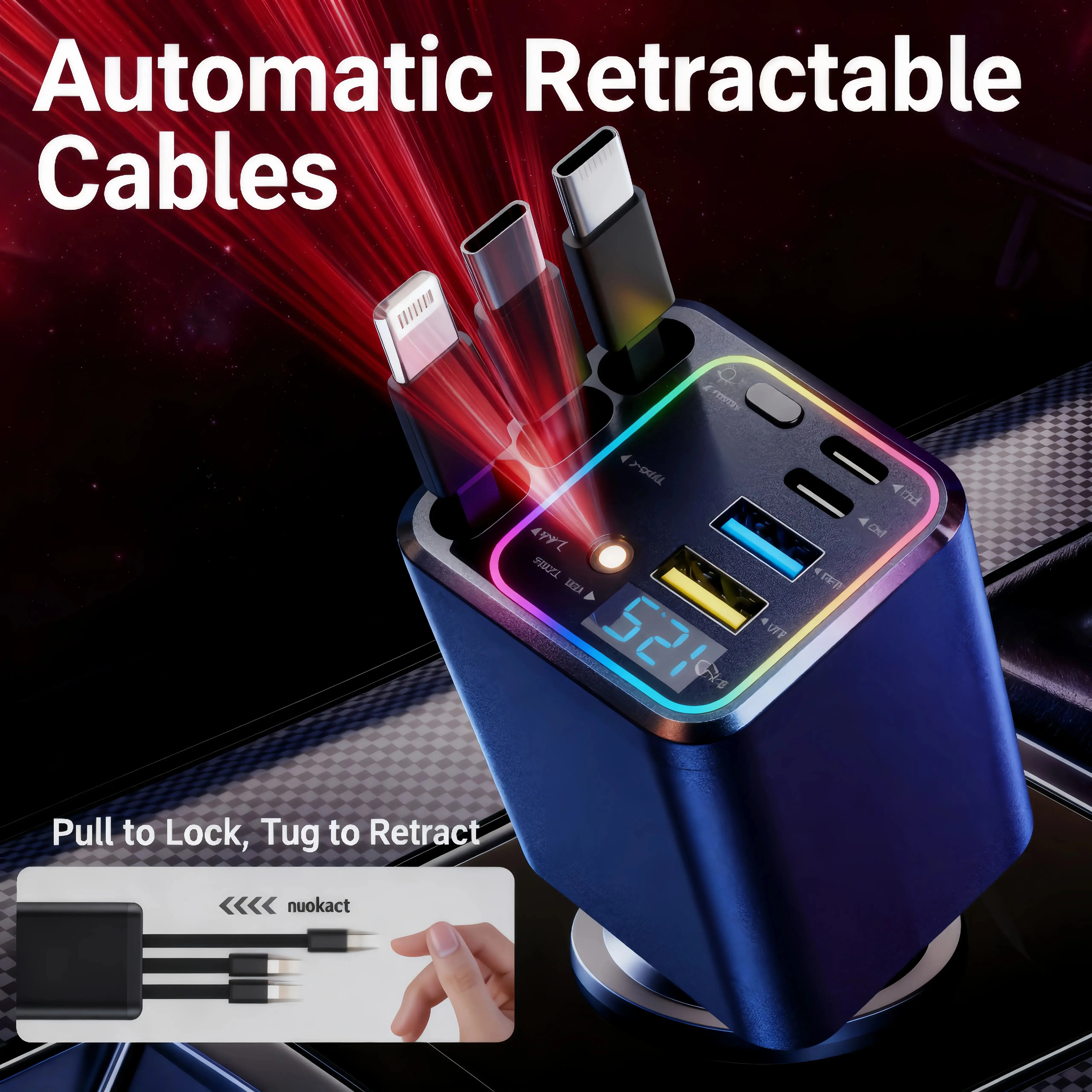 Ultimate Power Station for Phone, Pad & Laptop,Car Charger: Starry LED,Atmosphere Lamp,1-Click Galaxy Projector,Star Projector Tangle-Free Retractable Cables & Super Fast Charge,PD20W,USB-A 65W,All 120W Max,Power Hub,