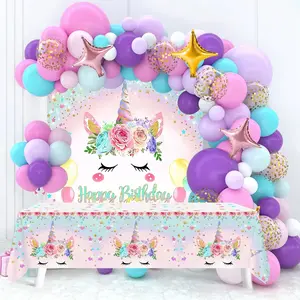 Unicorn Birthday Balloon Tablecloth Backdrop Set,Birthday Party Decoration Photograph Background Banner,Happy Birthday Photo Props Unicorn Backdrop Table Cover Supplies