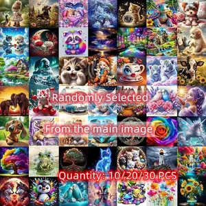 10 Pieces/20 Pieces/30 Pieces Diamond Painting Kit, Random Styles: Cartoon, Animal, Floral, Human Patterns, 20 x 20-Cm Full Drill Art Set Crafts DIY Kit for Wall Decor, Beginners, Adults Gifts, Diamond Art Tools