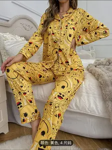 Two-Piece Strawberry Pajama Set for Women, Open Front Long Sleeve and Pants, Soft Satin Casual Home Wear, All Seasons, Casual Pajamas Outfit, Loungewear, Nightwear, Pjs