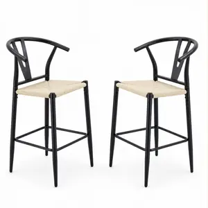 Bellemave Y-Shaped Medieval Style Ironwork Armchairs with Natural Rope Woven Seats, Set of 2, Home Bar Furniture Barstools