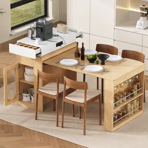 Rolling Kitchen Island & Extendable Dining Table with Folding Top & Power Outlet, Mobile Sideboard with Drawers, Hooks & Storage for Kitchen & Dining Room