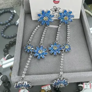 Blue Dangling Flower Earring Set - with Lab Grown, Citrine and CZ gems.