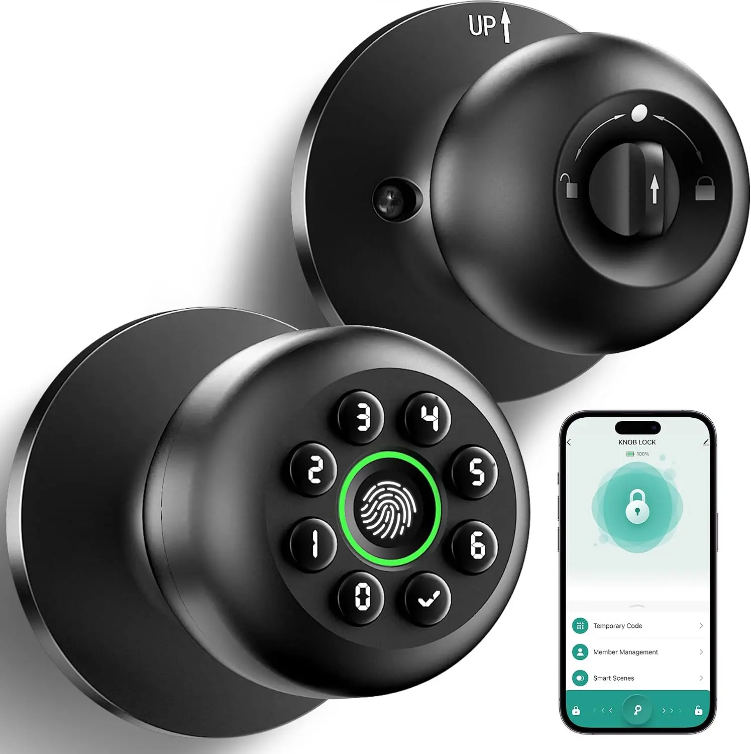 Matte Black K10plus Smart Fingerprint Door Knob - Biometric, Keypad, App Control, Auto Lock, Keyless for Home, Bedroom