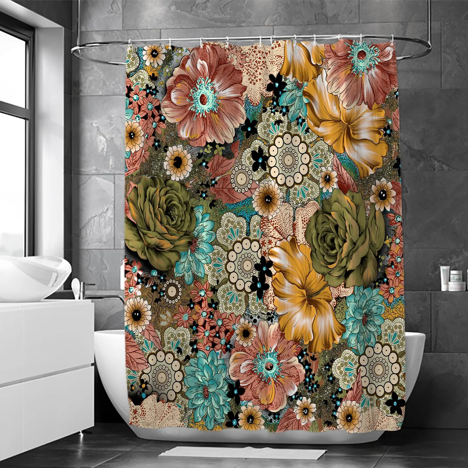 Bohemian Floral Pattern Shower Curtain, 1 Count Waterproof Decorative with Hooks, Bathroom Supplies for Home Decor