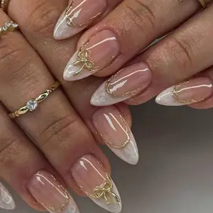 10 pieces medium length almond shaped white to French tips handmade press on nails with 3-D design