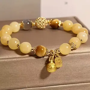 Elegant Citrine Bead Bracelet with Gold Charm - Bohemian Style, Natural Stone for Everyday Wear and Gifts