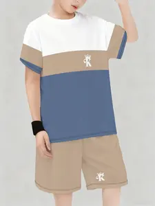 Boys Colorblock Crown Print Set, Casual Loose-Fitting Short Sleeve Shorts Two-Piece Suit, Cartoon Pattern, Summer