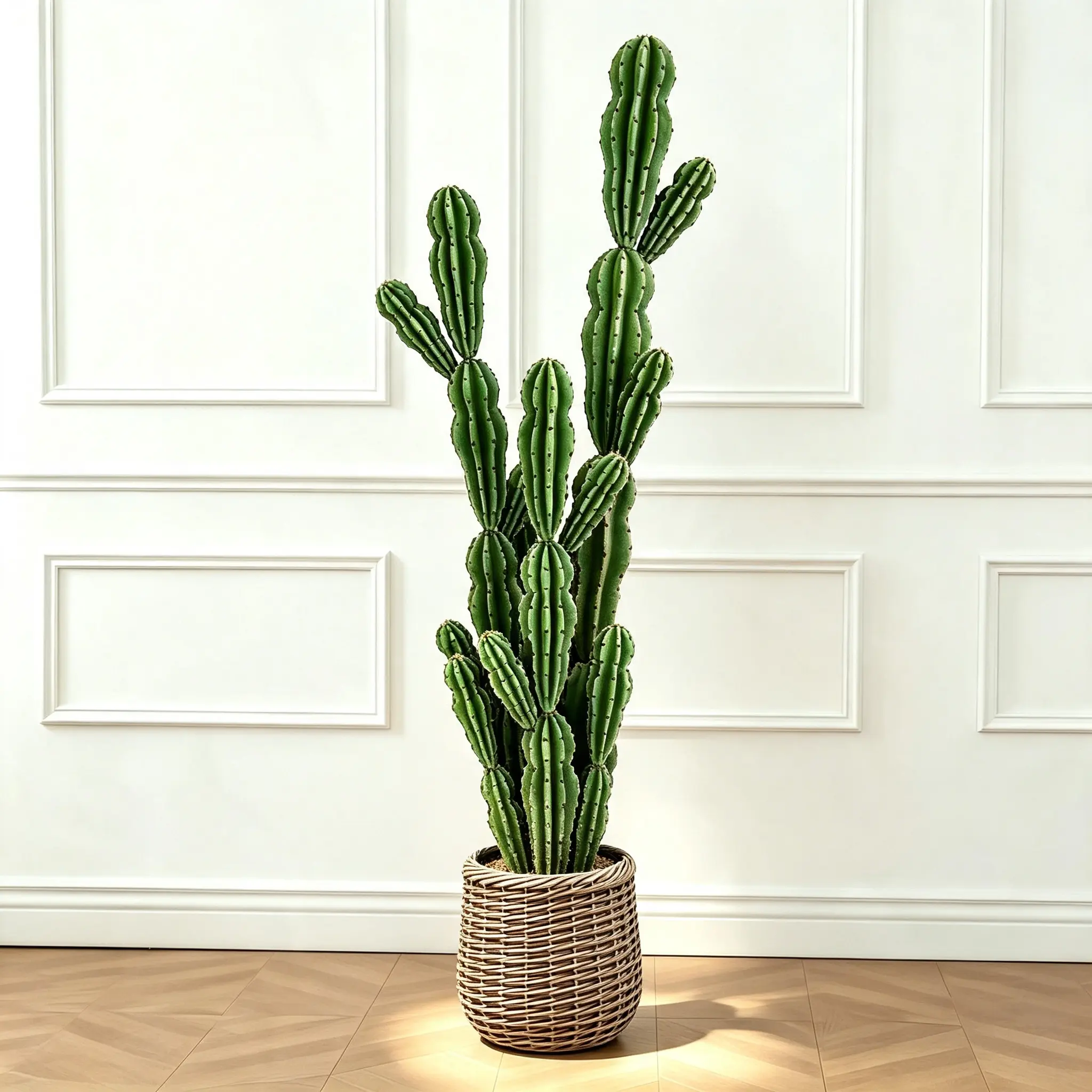 UV-Resistant Artificial Fake Cactus Plants 3ft/4ft/5ft - No Water, No Maintenance, Ribbed Shape Faux Desert Decor with Woven Planter, Decorative Corner Accent for Indoor Home, White Pot Gift Tropical sohochic