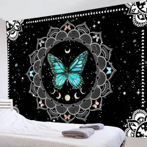 Butterfly Wall Tapestry Trippy Teal Butterfly Tapestries Black and White Bohemian Mandala Wall Hanging Vintage Moon Phase Aesthetic Tapestry Decor Decoration Items Home