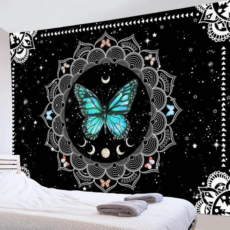 Butterfly Wall Tapestry Trippy Teal Butterfly Tapestries Black and White Bohemian Mandala Wall Hanging Vintage Moon Phase Aesthetic Tapestry Decor Decoration Items Home Starry Sky Pattern