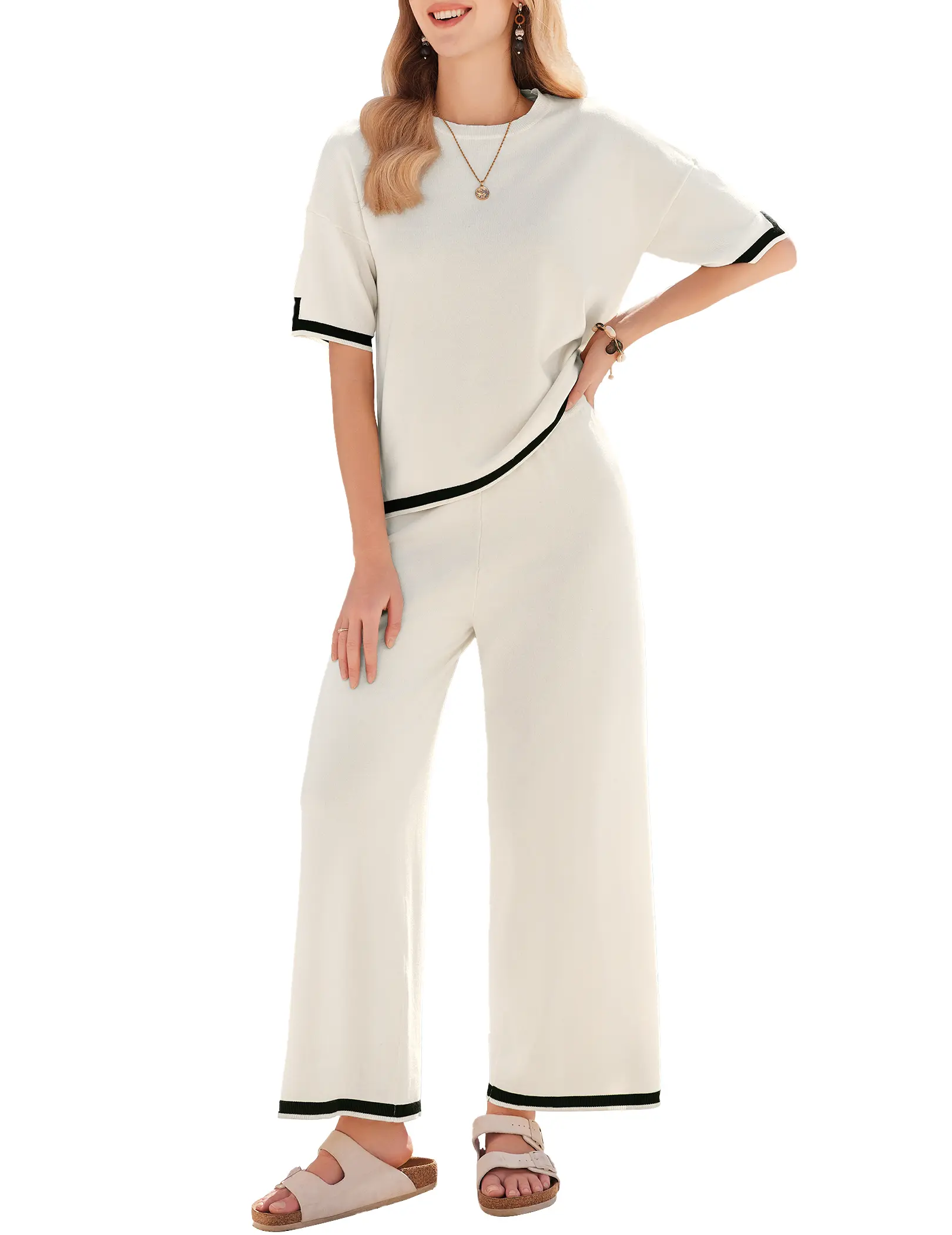 Women's 2-Piece Basic Knit Loungewear Sets - Stretchy Short-Sleeve Pullover Tops & Wide Leg Pants, Soft Patchwork Casual Brunch Outfit Ideas with Comfortable Fabrics