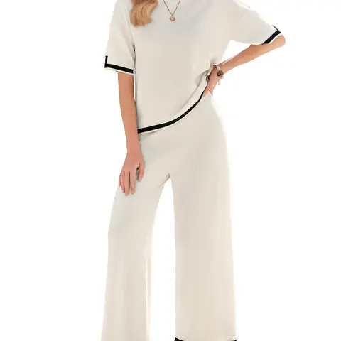 Women's 2-Piece Basic Knit Tracksuit - Stretchy Short-Sleeve Crew Neck Pullover & Wide Leg Pants, Soft Patchwork, Comfortable Fabric for Brunch, Airport Fit Ideas (Women 2 Piece Sets, Cozy Chic, Casual Loungewear Sets)